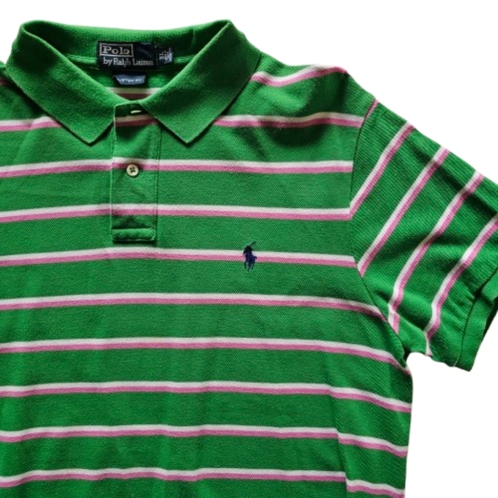 VTG Polo Ralph Lauren 90s Preppy Striped Short Sleeve Shirt XL Green Y2K Golf